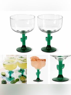 Vintage Libbey Cactus Margarita Glasses Set of 2 16 oz Green Stem Coupe Glasses